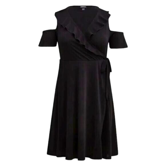 TORRID PLUS Size Black Mini Studio knit Cold Shoulder Wrap Dress. - Picture 4 of 13